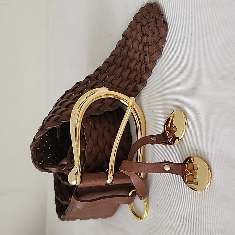 Michael Kors Boho Brown Leather Braided Belt Gold Buckle Sz Large Made India